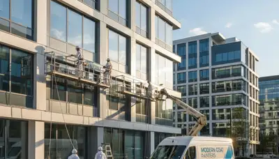 Professional commercial painters working on office building exterior in Philadelphia, PA
