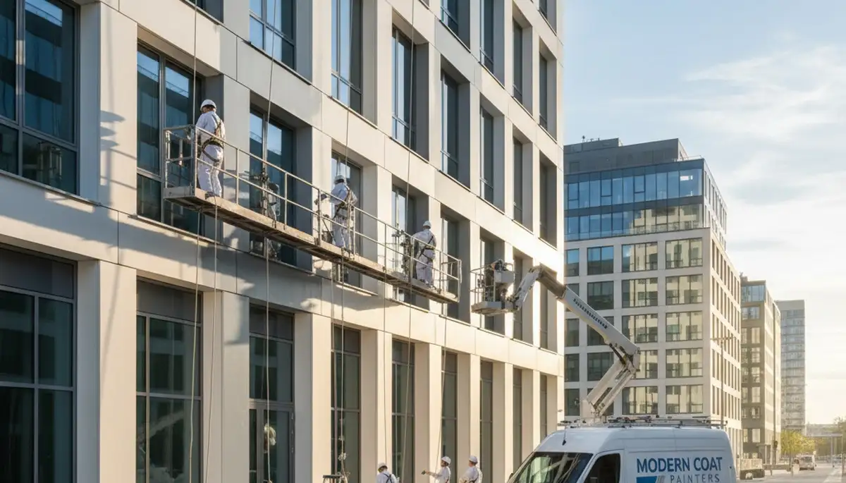 Professional commercial painters working on an office building exterior in Philadelphia, PA