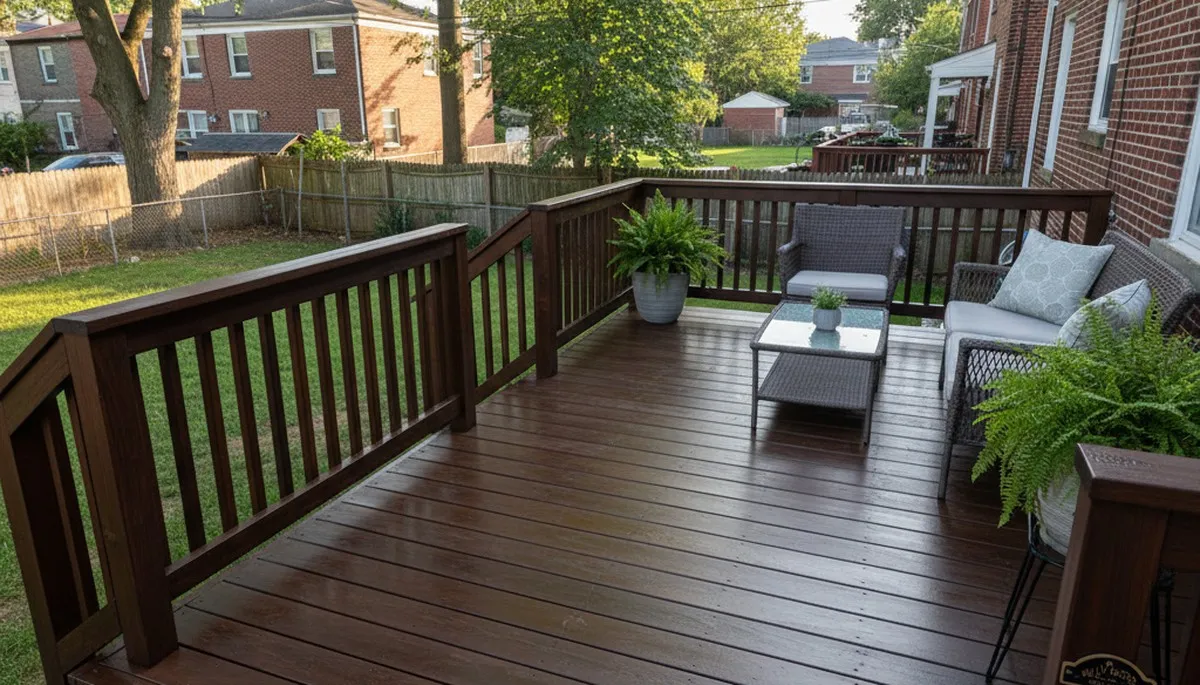 Finished deck staining in Philadelphia, PA showing rich wood color and weatherproof professional finish