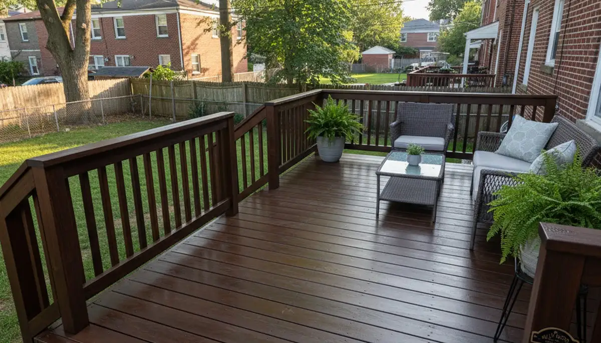 Finished deck staining in Philadelphia, PA showing rich wood color and weatherproof professional finish