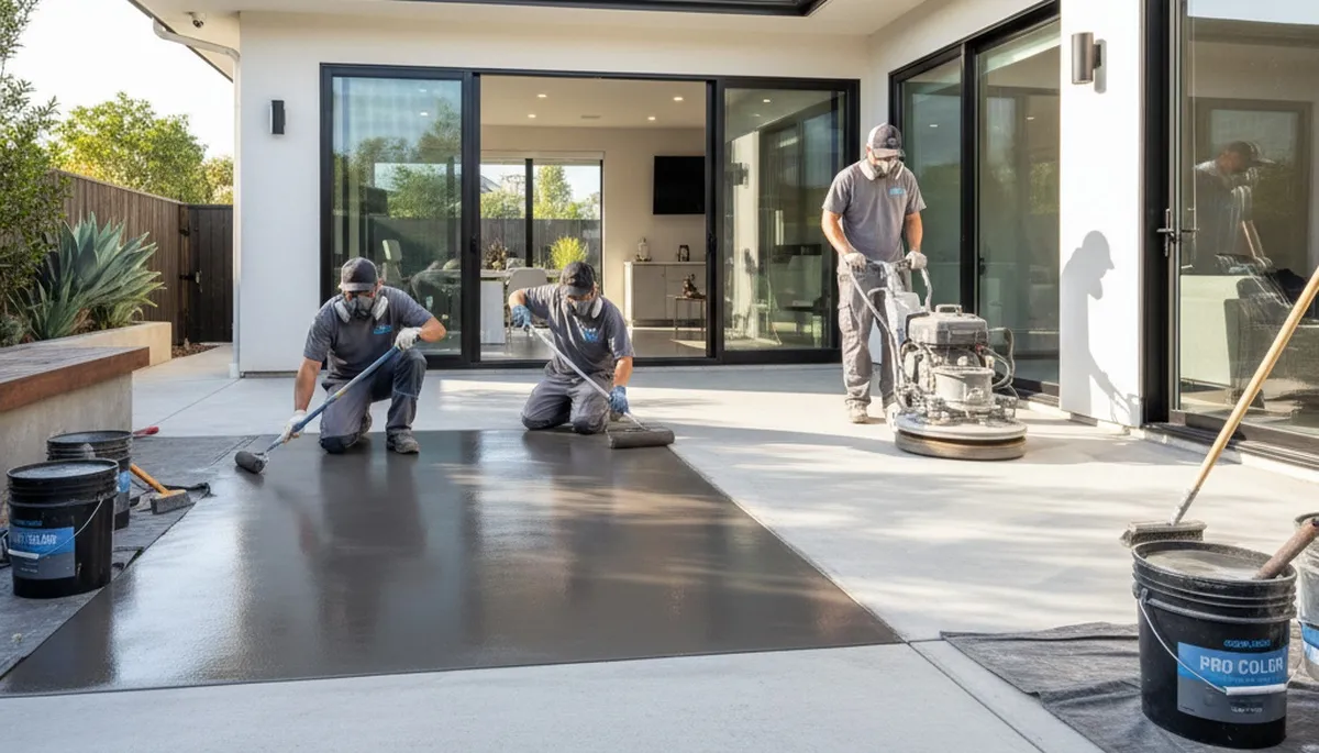 Professional concrete staining on patio floor in Philadelphia, PA by expert house painting team