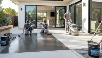 Professional concrete staining on patio floor in Philadelphia, PA by expert house painting team