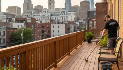 Professional deck staining in Philadelphia PA enhancing wood grain and protecting outdoor surfaces