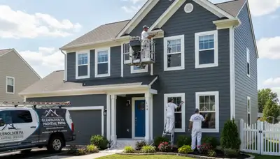 Professional house painters working on exterior home repaint in Philadelphia, PA