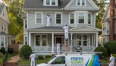 Professional house painters working on residential exterior in Philadelphia, PA