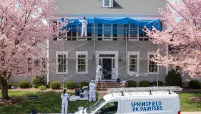 Professional house painters working on exterior home in Philadelphia, PA