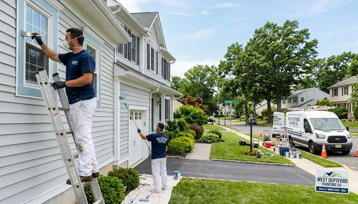 Professional house painters working on exterior home in Philadelphia, PA