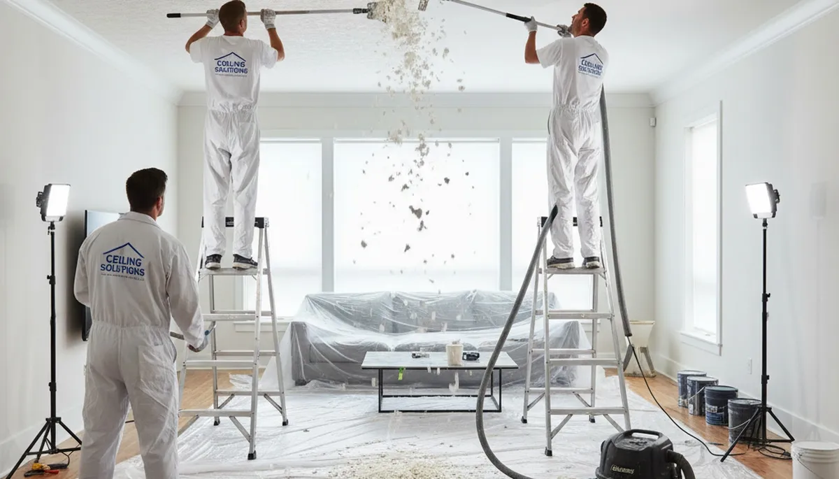 Professional popcorn ceiling removal by house painters in Philadelphia, PA for smooth modern interiors