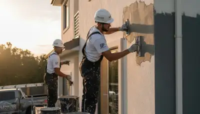 Professional stucco repair on Philadelphia home exterior by local painting experts