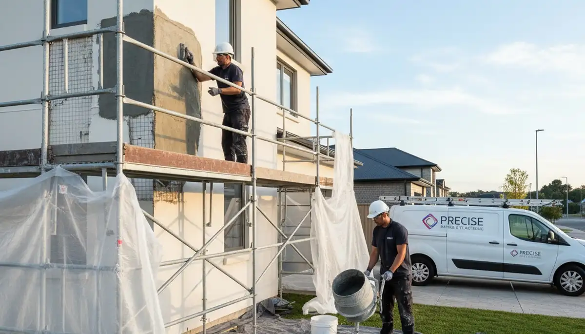 Professional stucco repair on Philadelphia home exterior by expert painters in Pennsylvania